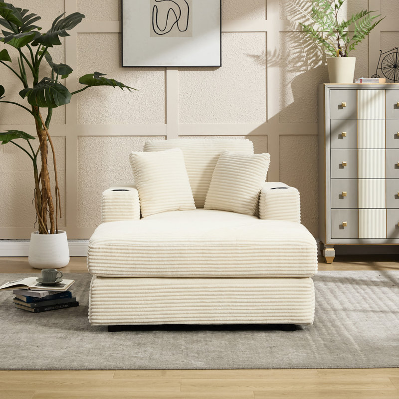 Nouvelle chaise longue rembourrée en velours côtelé pour le bureau du salon - Sac à magazines, coussins amovibles, porte-gobelets doubles, confort pour les jambes longues, assise confortable, matériau, design moderne, couleur beige, facile
