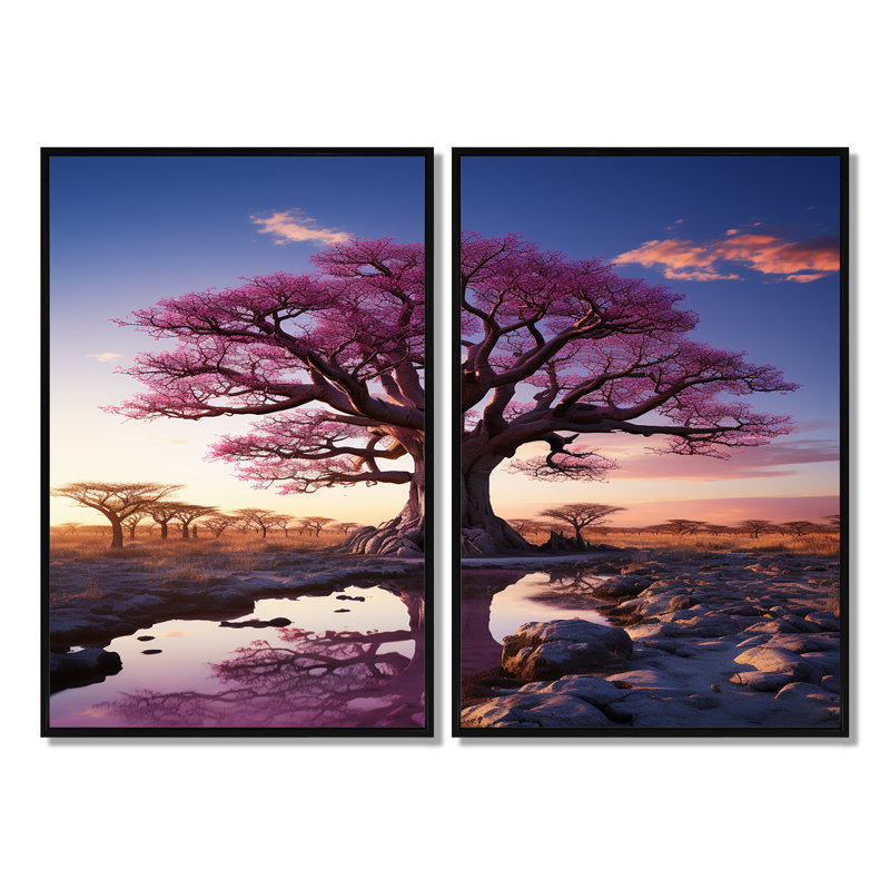 Baobab Trees Enchanted Hues I - Art mural grand baobab, Noir, H 36 po x l 48 po, Impression encadrée flottante
