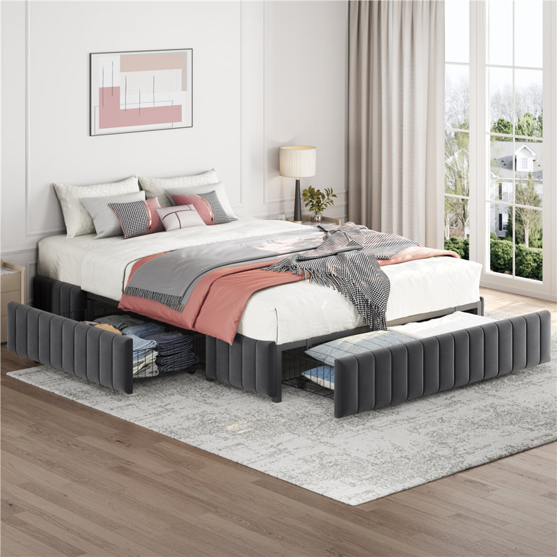 Lit plateforme tapissier avec rangement Argjirulla, Complète, Gris