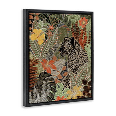 Leopard in Jungle Pattern Gray Framed Floater Canvas Wall Art by Cat Thurman Designs
