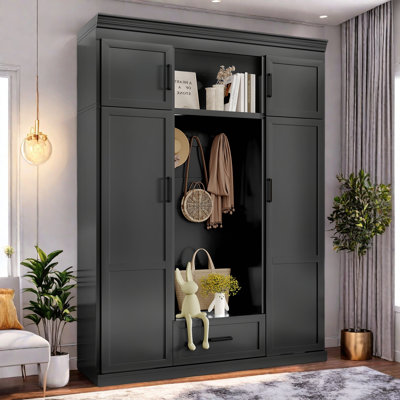 Modern Hall Tree With Bench And 3 Hooks, 4 Doors, 1 Drawer, Adjustable Shelves And Black Handles by Red Barrel Studio