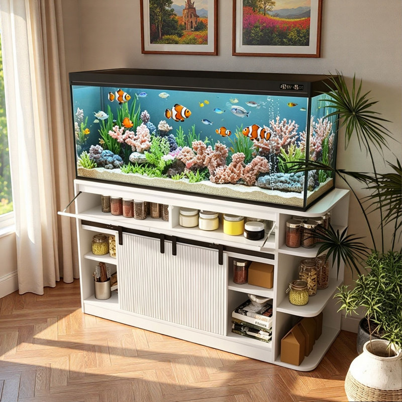 Support d'aquarium avec lumière DEL, prises de courant, portes cannelées coulissantes, 2 tiroirs, 2 grandes armoires et tablettes de rangement