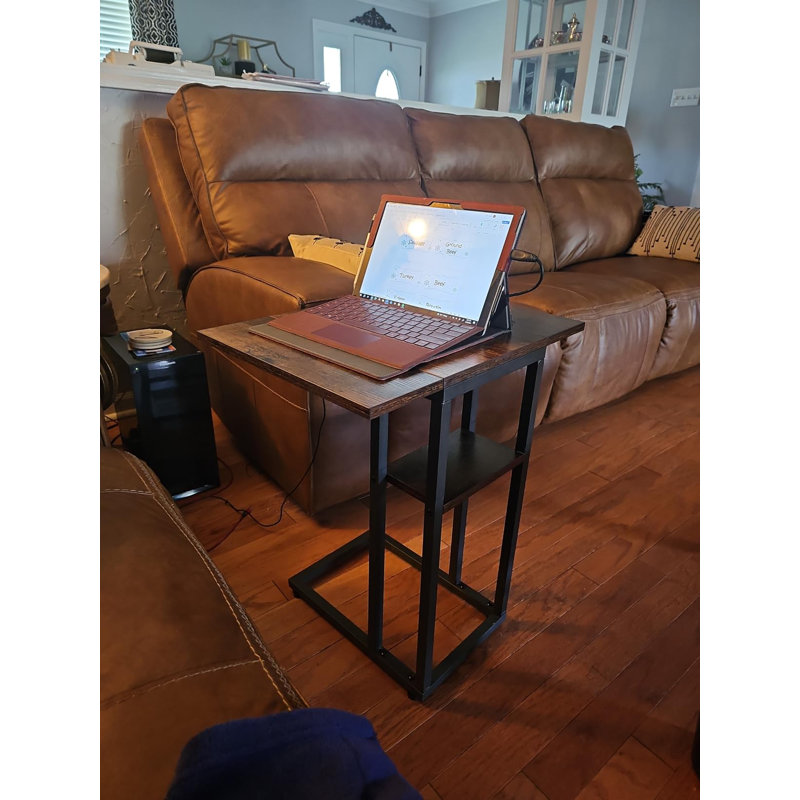 Foldable End Table C Shaped Side Table with Storage Shelf, Rustic Brown/Black
