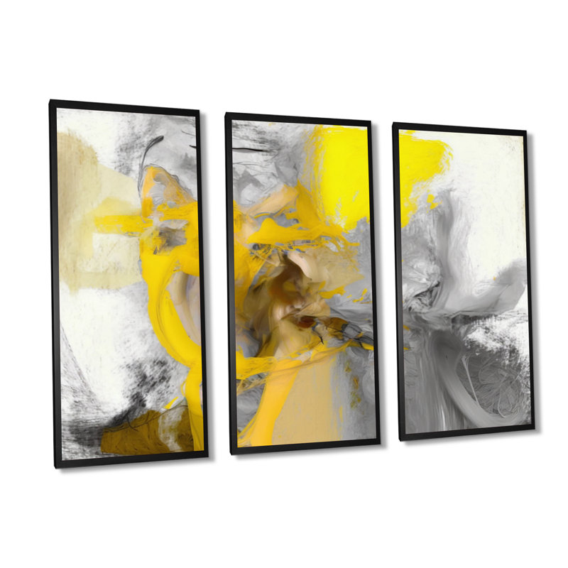 Moutarde jaune et gris vif I - 3 pièces sur toile, Toile encadrée noire, H 28 po x l 36 po x P 1 po