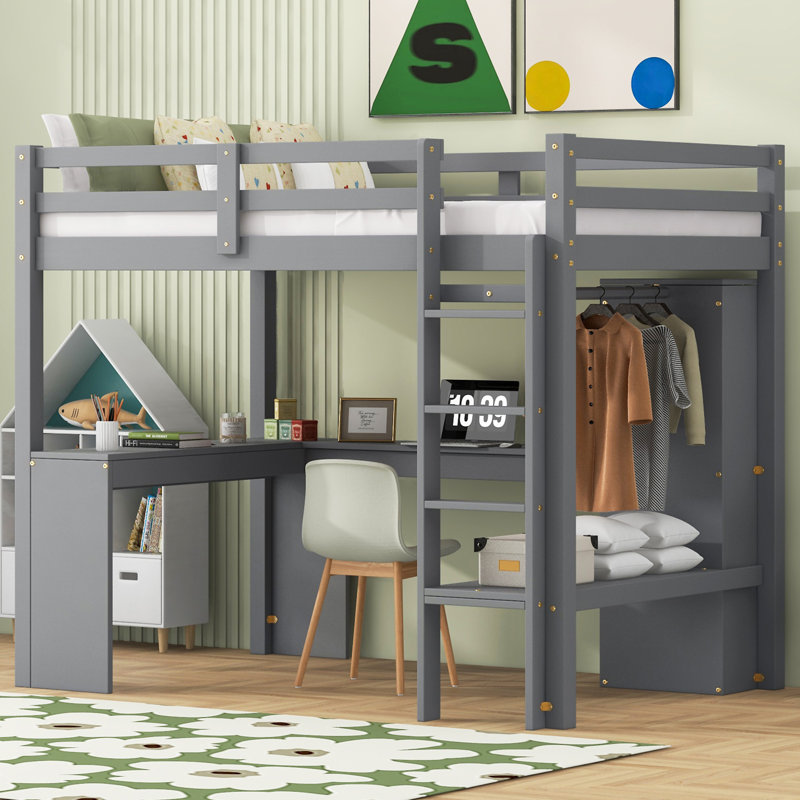 Lit mezzanine avec bureau en L, Gris, Lit simple