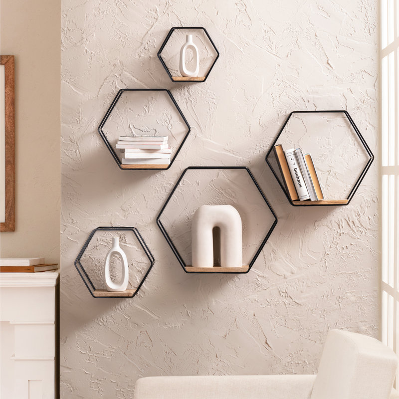 Gardner 5 Piece Hexagon Floating Shelf, Black