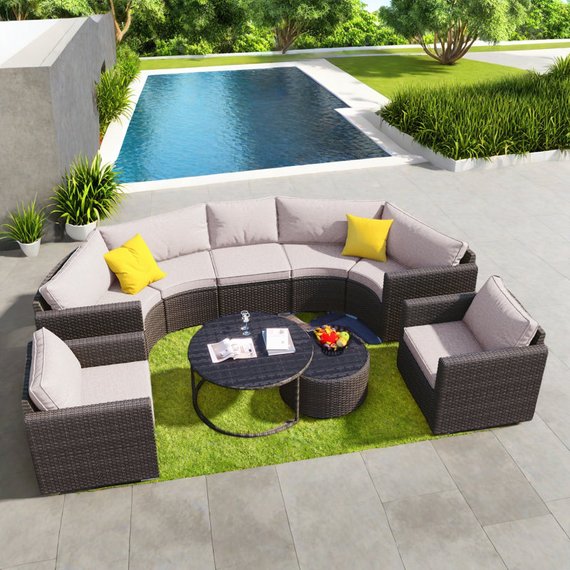 9-pieces Outdoor Half-moon Wicker Conversation Sets With 1 Nesting Coffee Table And Tempered Glass Top