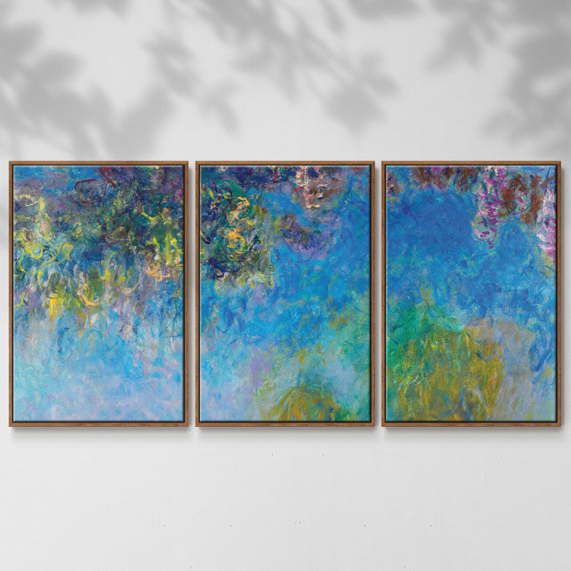 "Wisteria", peinture sur toile 3 pièces, Cadre noyer, H 36 po x l 75 po