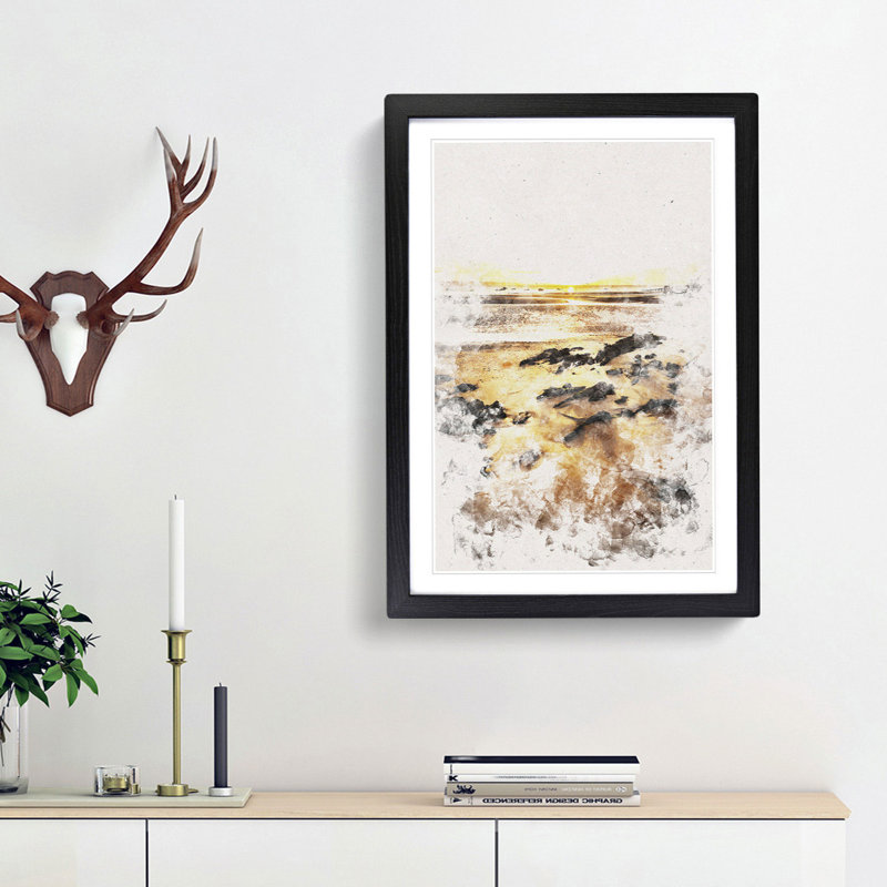 Sunrise at Tenby Beach in Wales - Picture Frame Graphic Art Print, 87cm H x 62cm W x 2cm D, Black Framed