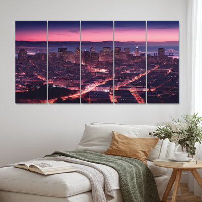 «San Francisco Skyline And Bay Bridge VI», art mural sur toile Cityscapes - 5 panneaux égaux