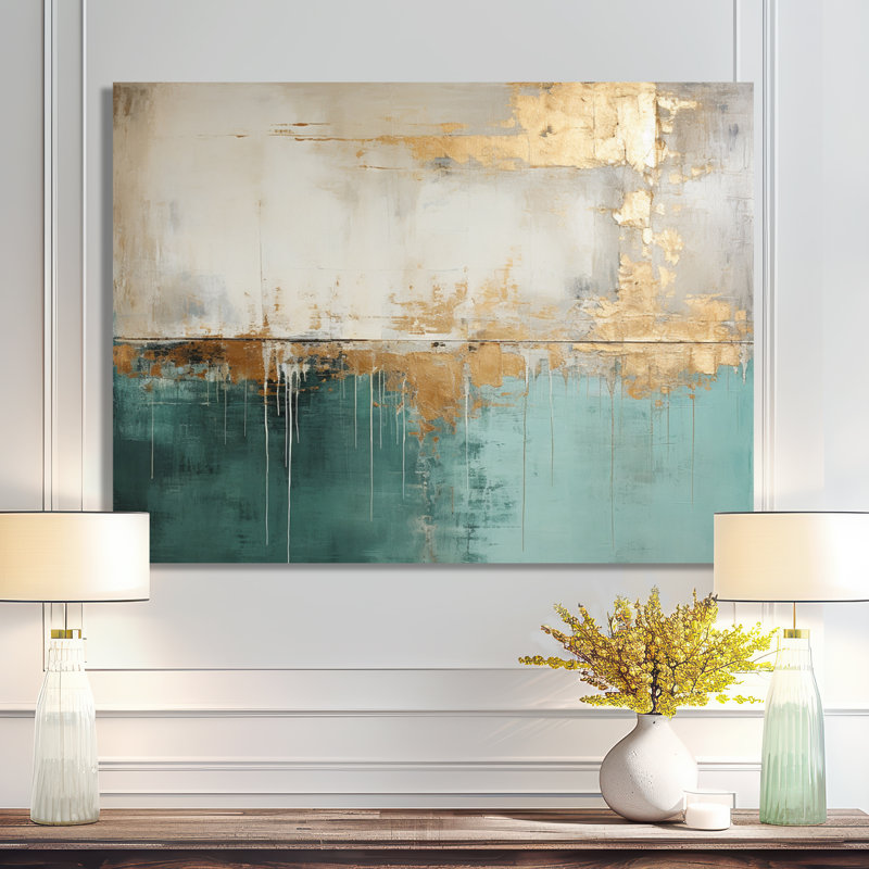 Minimalisme doré et horizon bleu sarcelle - impressions sur toile glamour moderne, Toile tendue, H 30 po x l 40 po