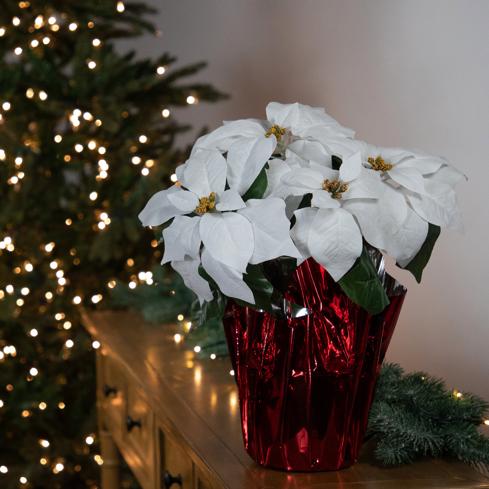 Poinsettia Floral Arrangement, White, Red, 14.5" H x 11.5" W x 11.5" D