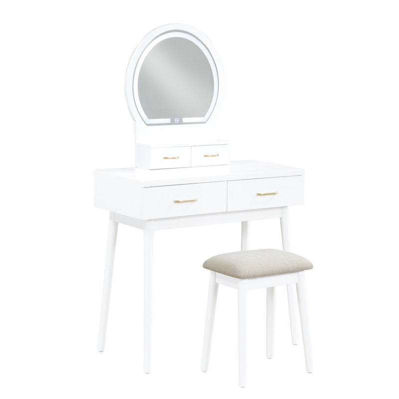 Modern White Vanity With 4 Drawers, Led Lighted Mirror And Matching Stool For Bedroom Storage Luxury Furniture: