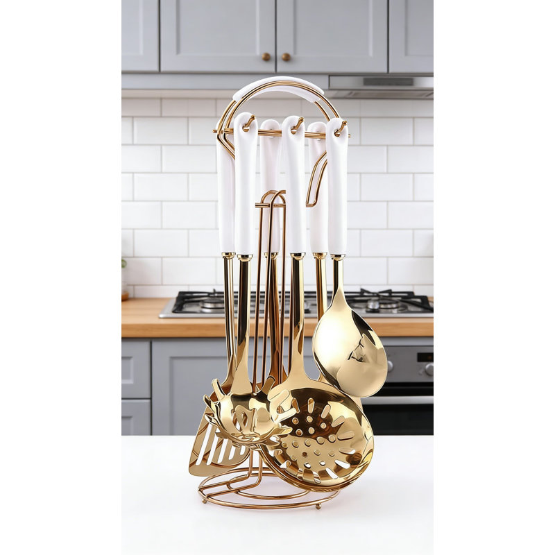 Ensemble d'ustensiles de cuisine 7 pièces en acier inoxydable avec support à suspendre, comprenant une cuillère rainurée, une spatule, une louche, et plus encore pour cuisiner et servir