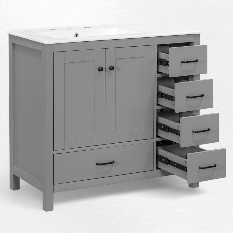 Meuble-lavabo simple 36 po avec plateau en céramique Sanyia, Gris
