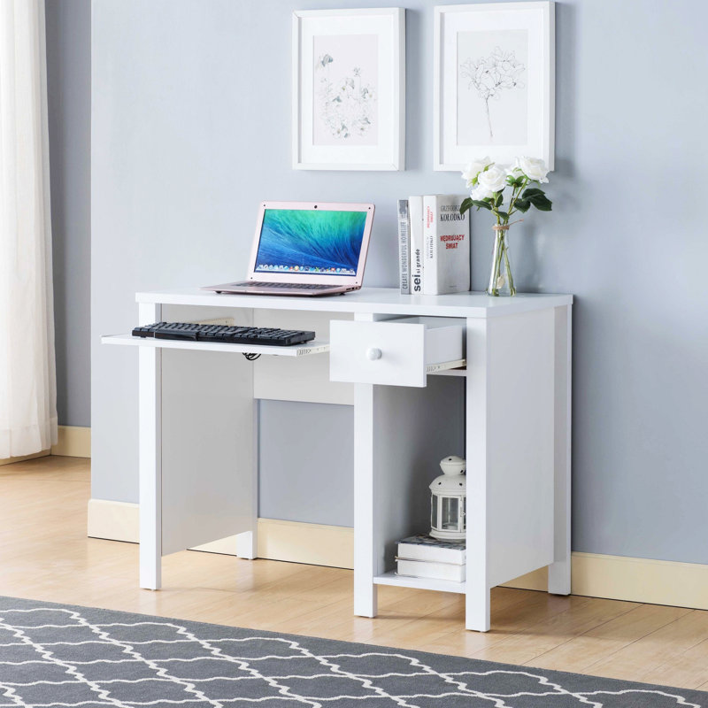 Bureau, bureau d'écriture avec un tiroir et une tablette ouverte, Blanc