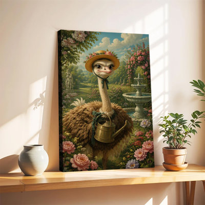 Ostrich Gardener With Straw Hat And Watering Can In Blooming Rose Garden Vintage Oil Painting Canvas Wall Art