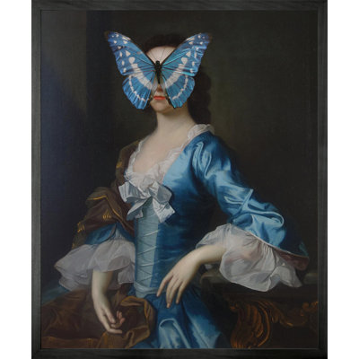 Blue and White Butterfly on Lady 1 Piece Single Picture Frame Wall Art