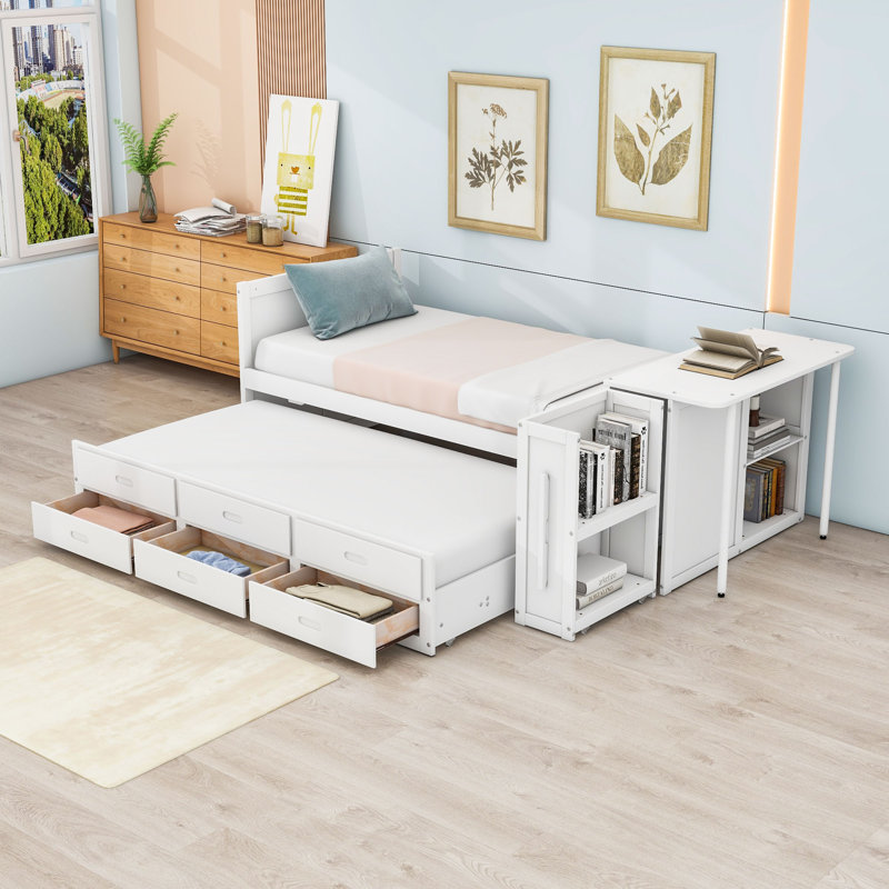 Lit plateforme simple en bois avec bureau intégré et 3 tiroirs et lit gigogne, Blanc