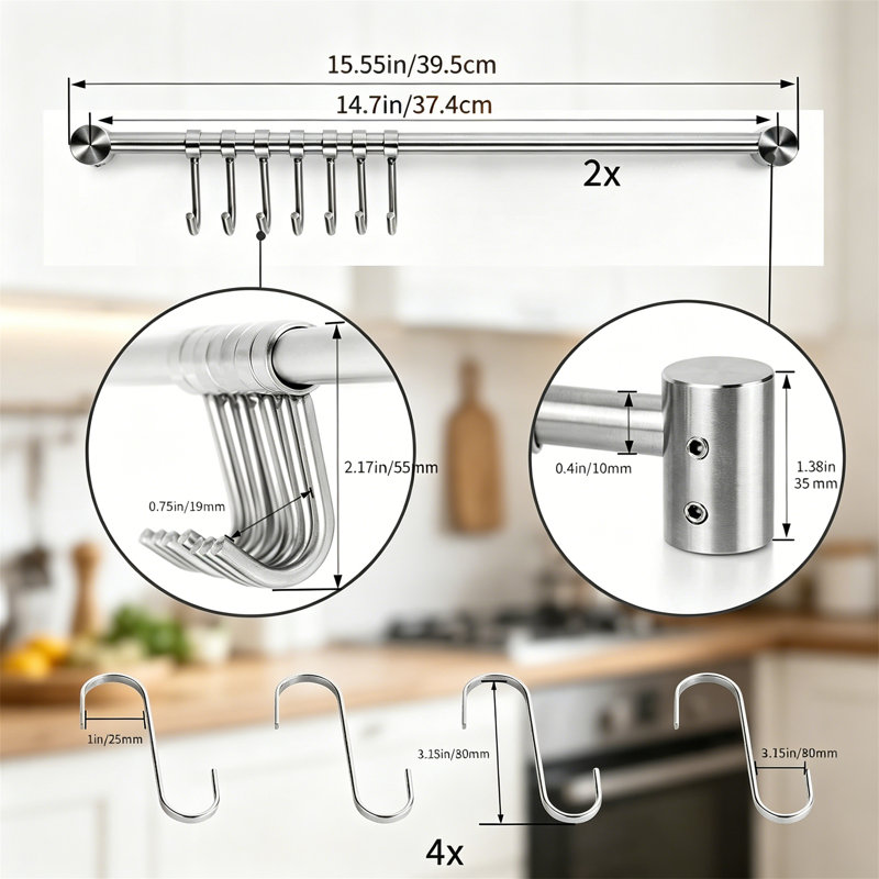 Ensemble de 2 supports à casseroles muraux 15,6 po en acier inoxydable avec 7 crochets coulissants pour ustensiles et tasses