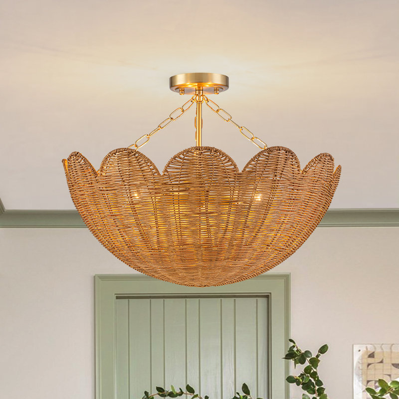 3-Light Rattan Flower-Shape Semi-Flush Mount