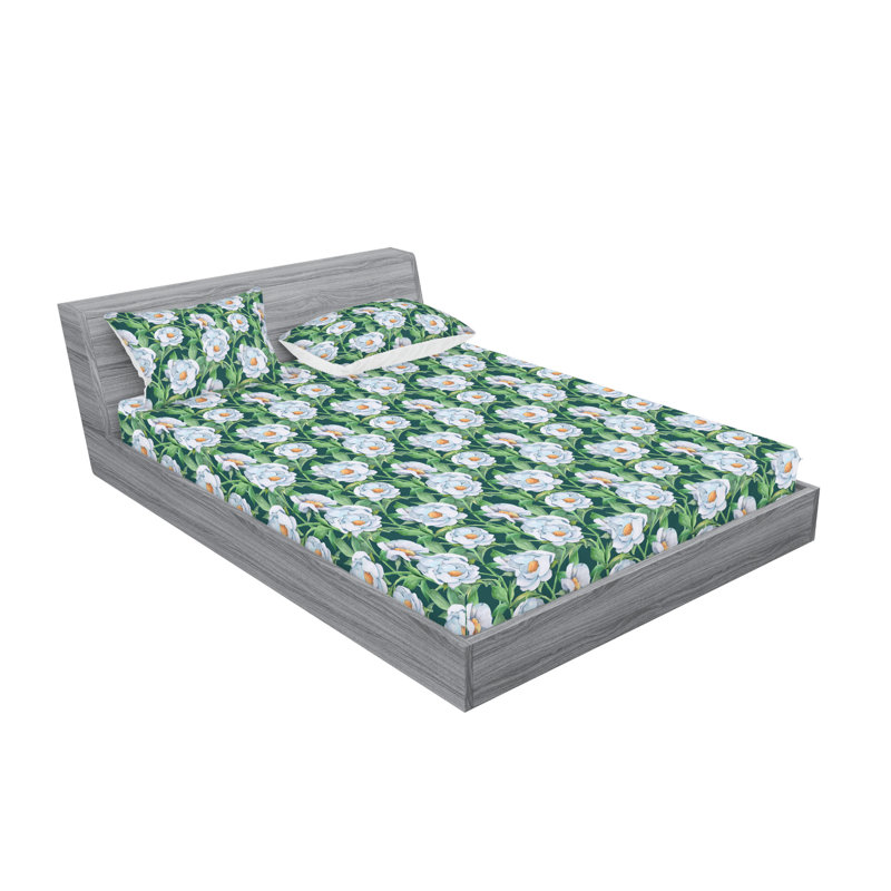 Ambesonne Fitted Sheet & Shams, Hunter Green/Soft Blue Flower, King Sheet Set with 2 Pillowcases