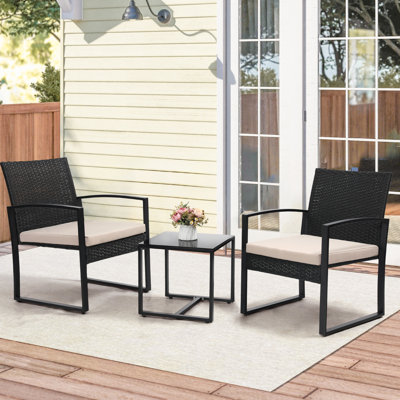 3 Piece Wicker Patio Bistro Set with Coffee Table, Outdoor Rattan Conversation Set for Balcony Porch Garden Yard Poolside