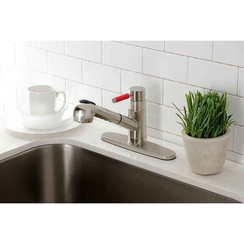 Kingston Brass Kaiser Single-Handle 1-or-3 Hole Deck Mount Pull-Out Sprayer Kitchen Faucet, Brushed Nickel
