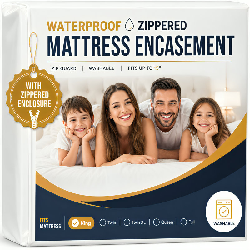 Waterproof Mattress Encasement With Zipper Soft Mattress Protector Breathable and Hypoallergenic, Queen