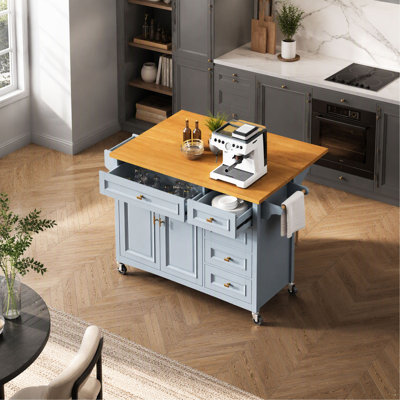 Îlot de cuisine K&K 52 po avec abattant, îlot de cuisine texturé en relief sur roulettes avec porte-épices, porte-serviettes, 2 portes et 5 tiroirs, chariot de rangement de cuisine avec étagère réglable pour la cuisine,