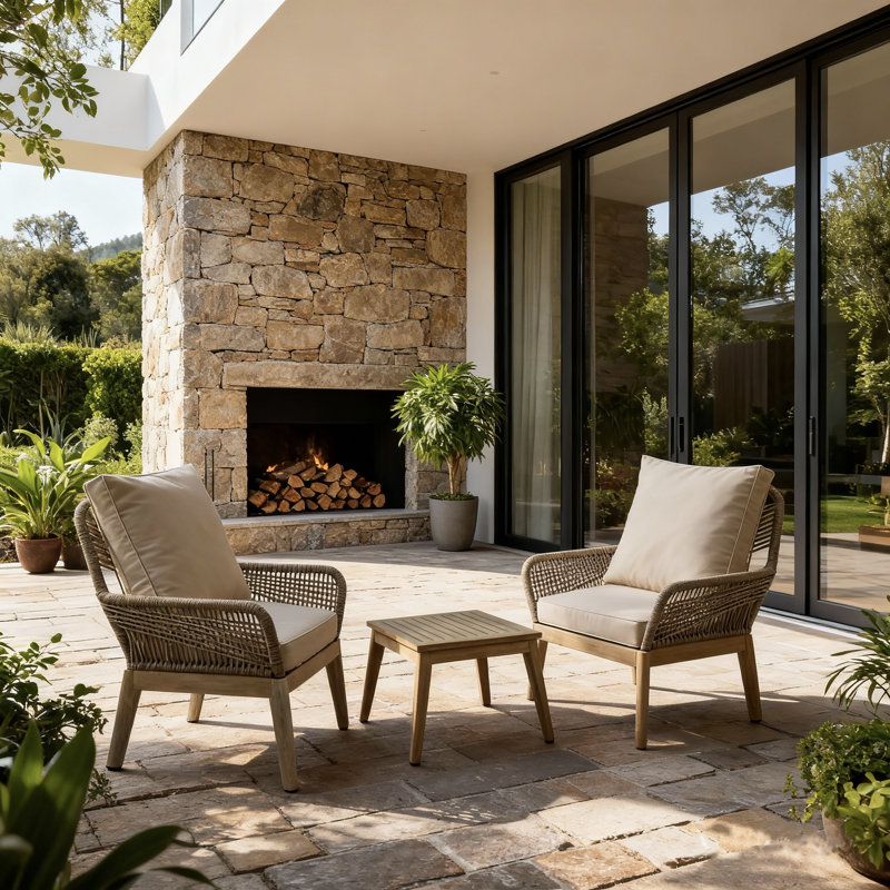 Ensemble de conversation de patio 3 pièces en acacia avec coussins