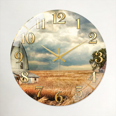 Farm Landscape Modern Decorated Glass Wall Clock Home Decor Art-15.7"