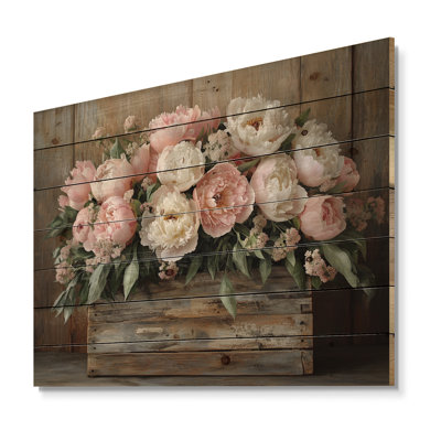 Farmhouse Chic Bouquet II - pivoines, art mural sur bois de pin naturel