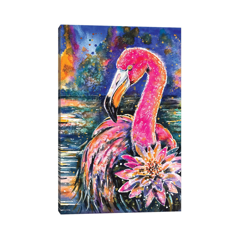 Water Lily And Flamingo by Zaira Dzhaubaeva - Wrapped Canvas Painting, 30.48 cm H x 45.72 cm W