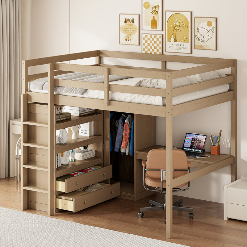 Wood Full Size Loft Bed With Built-In Wardrobe, Desk, Storage Shelves And Drawers, Walnut, Walnut