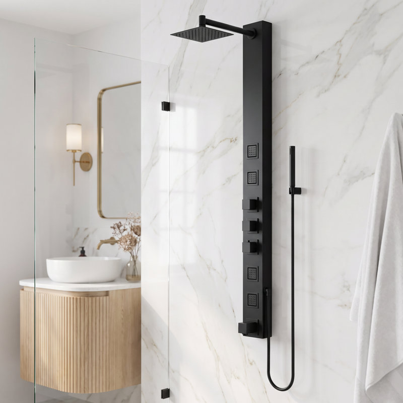 Système de douche à 4 jets de 58 po avec douchette à main et pomme de douche réglable Bowery H 58 po x l 5 po, Noir mat
