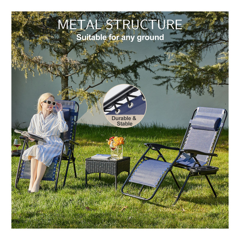 Ensemble de 2 chaises longues Zero Cravity, inclinables de patio pliant pour la plage de la piscine avec coussin et porte-gobelet, bleu