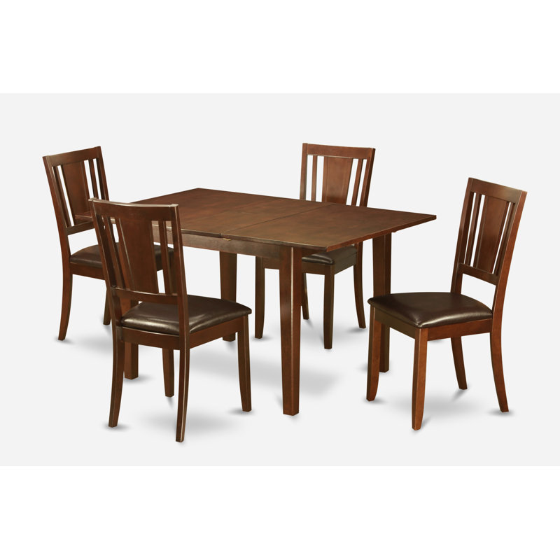 5 Piece Dining Room Table Set Includes a Rectangle Kitchen Table with Butterfly Leaf and 4 Faux Leather Dining Chairs, Mahogany