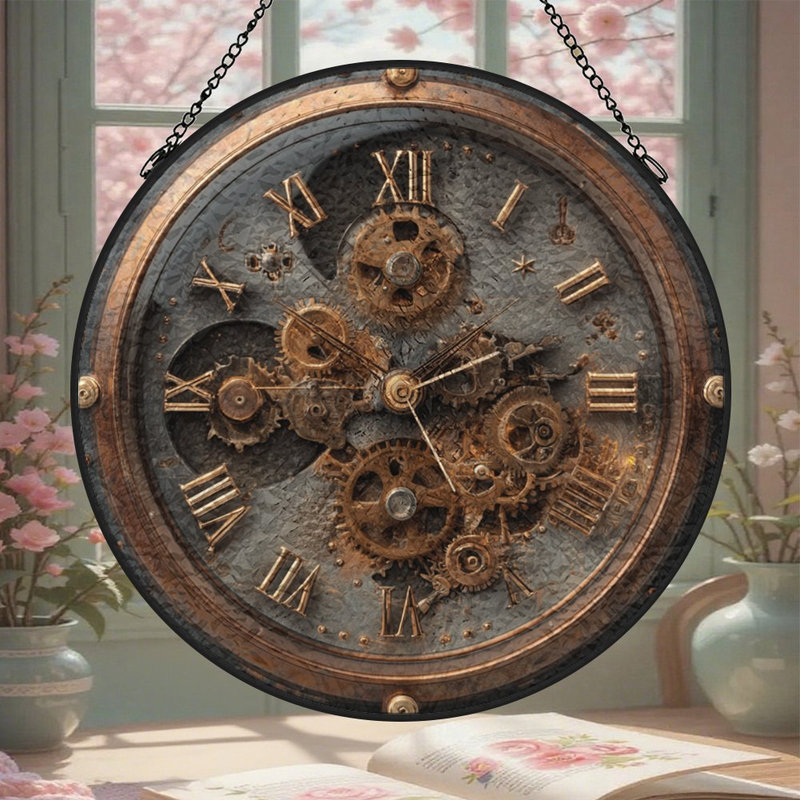 Horloge à engrenages Steampunk, panneaux de vitrail, attrape-soleil pour la décoration de fenêtre