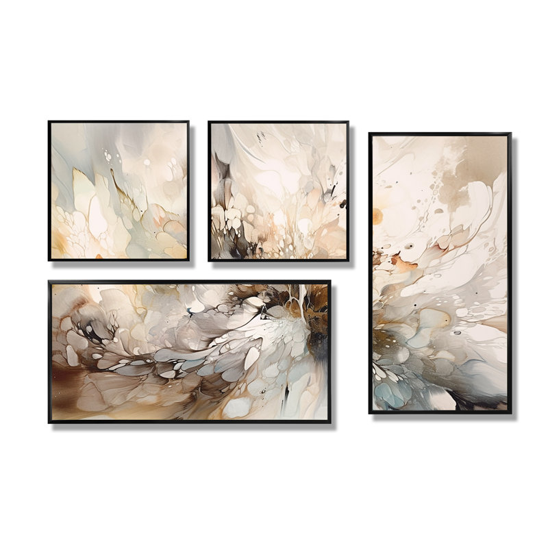 Profondeur géométrique blanche et grise I - art mural moderne doré 4 pièces, Impression encadrée sans passe-partout, Noir