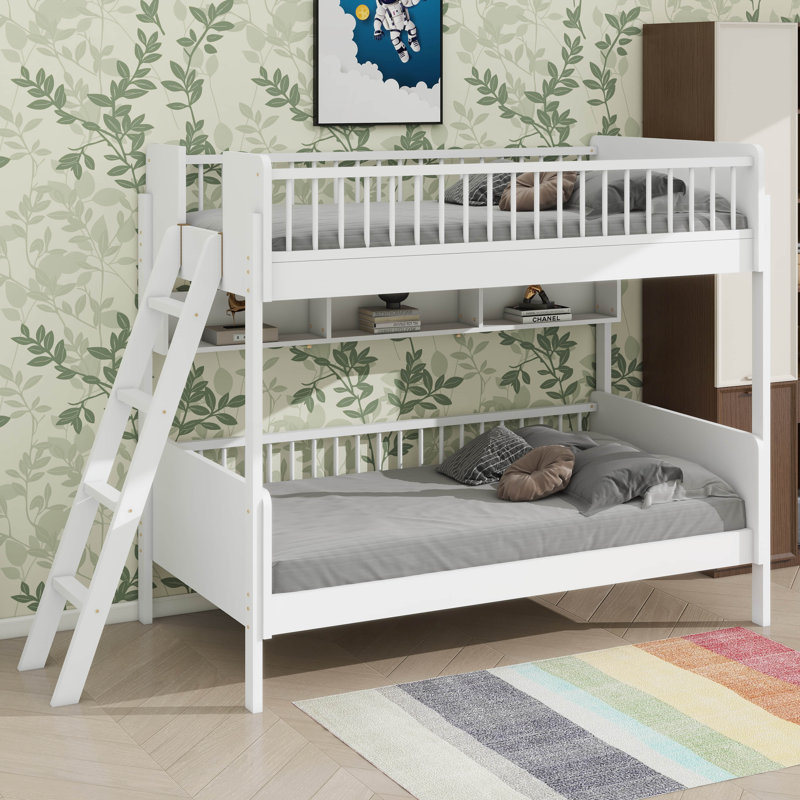 Wooden Twin Size Bunk Bed Equipped With 3 Storage Compartments, White
