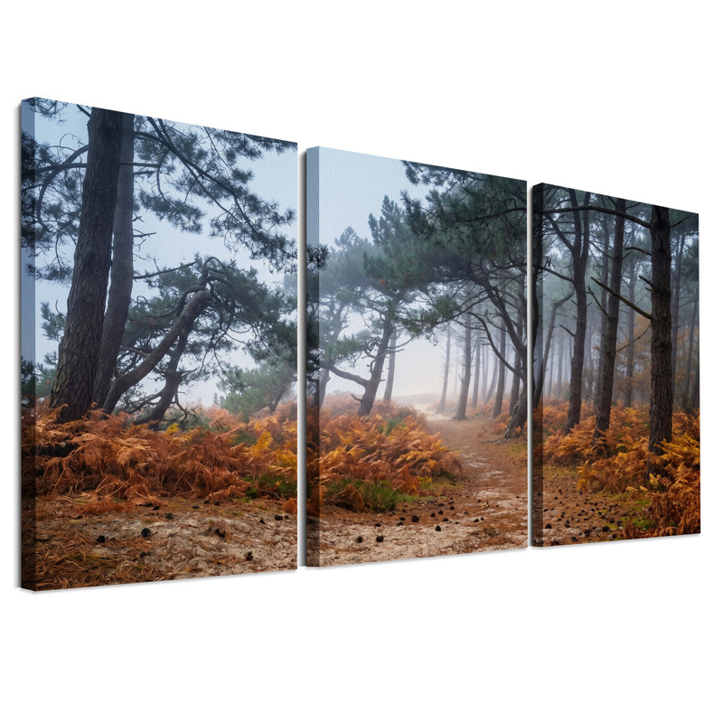«Misty Pine Forest Path with Orange Ferns», ensemble de 3 toiles murales, H 24 po x l 16 po x 3 pièces
