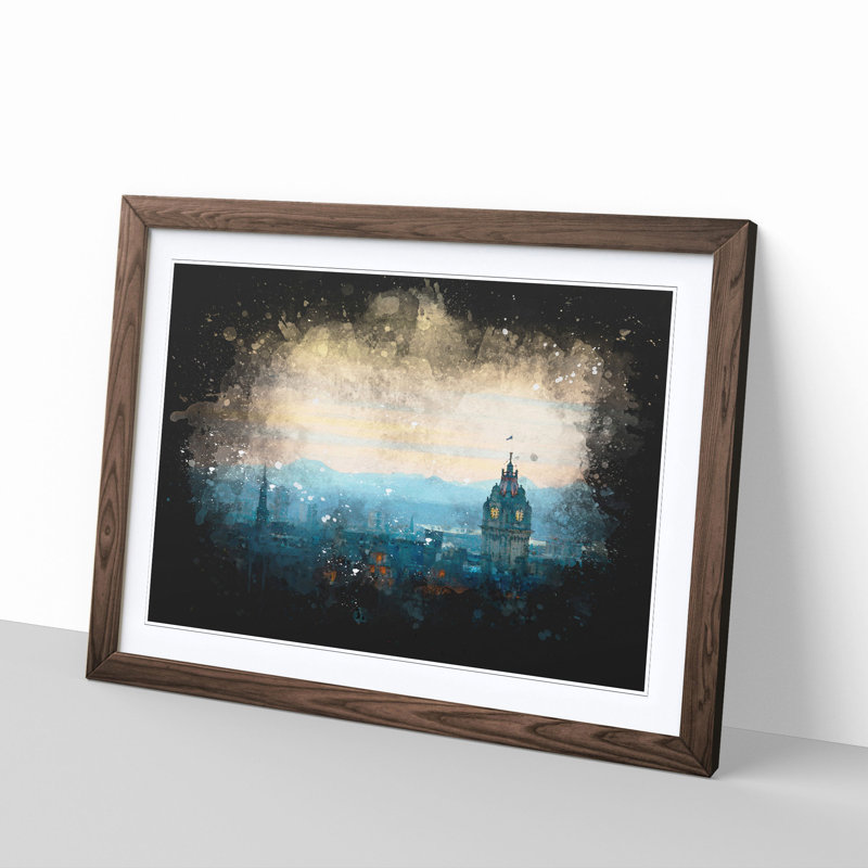 Edinburgh Skyline In Scotland Paint Splash - Picture Frame Graphic Art, 24cm H x 33cm W x 2cm D, Walnut Framed