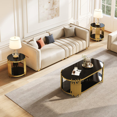 Sanders Modern Luxury Living Room Coffee Table Set Of 3 Piece, Metal Base And Glass Tabletop