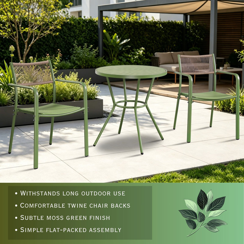 Rimini Patio Dining Set with Round Metal Table & Two Chairs, Green
