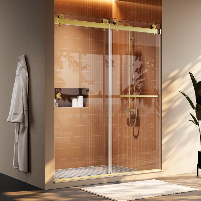 Porte de douche coulissante double sans cadre l 55 à 59 po x H 72 po | Verre trempé à onde lumineuse certifiée 8mm mm par la CCGM | Installation réversible | Quincaillerie en acier inoxydable brossé doré