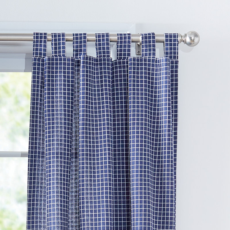 Mini Check Tabtop Light Filtering Deep Blue/White Curtain Panel Pair (Set of 2), 50" H x 108" W