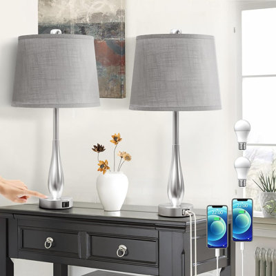 24" Touch Table Lamps For Bedroom Set Of 2, 3 Way Dimmable Bedside Nightstand Lamps With USB C A Port, Modern Lamps For Living Room End Table With Brushed Nickel Body Grey Shade, Bulbs Included