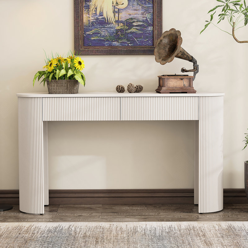 Table d'entrée avec design cannelé, console moderne avec rangement, plateau ovale et 2 tiroirs pour l'entrée et le salon (blanc champagne)