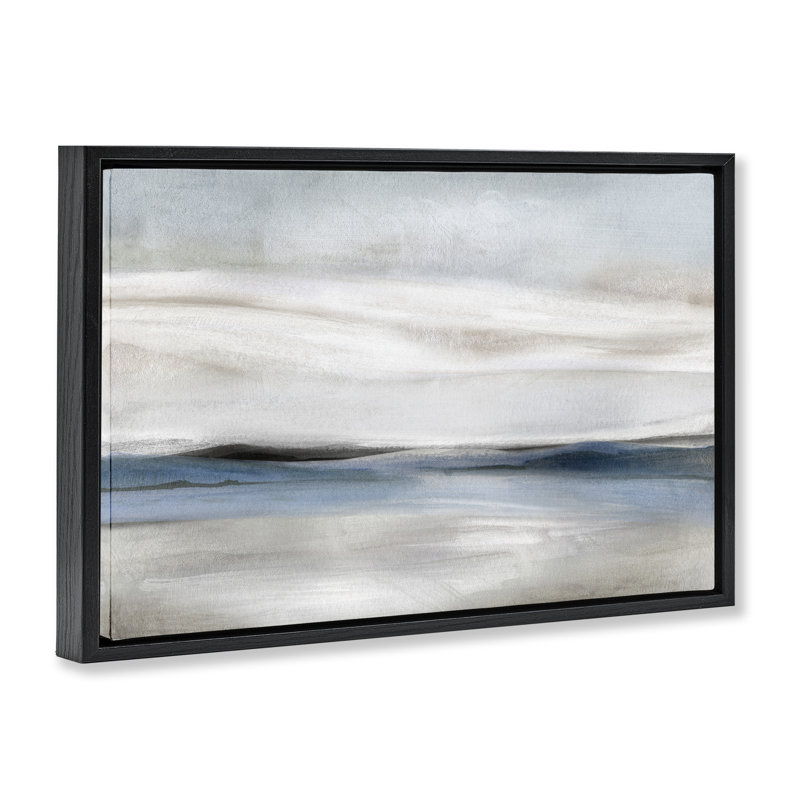 Abstraction de paysage neutre strié, Cadre flottant noir de jais, H 21 po x l 31 po